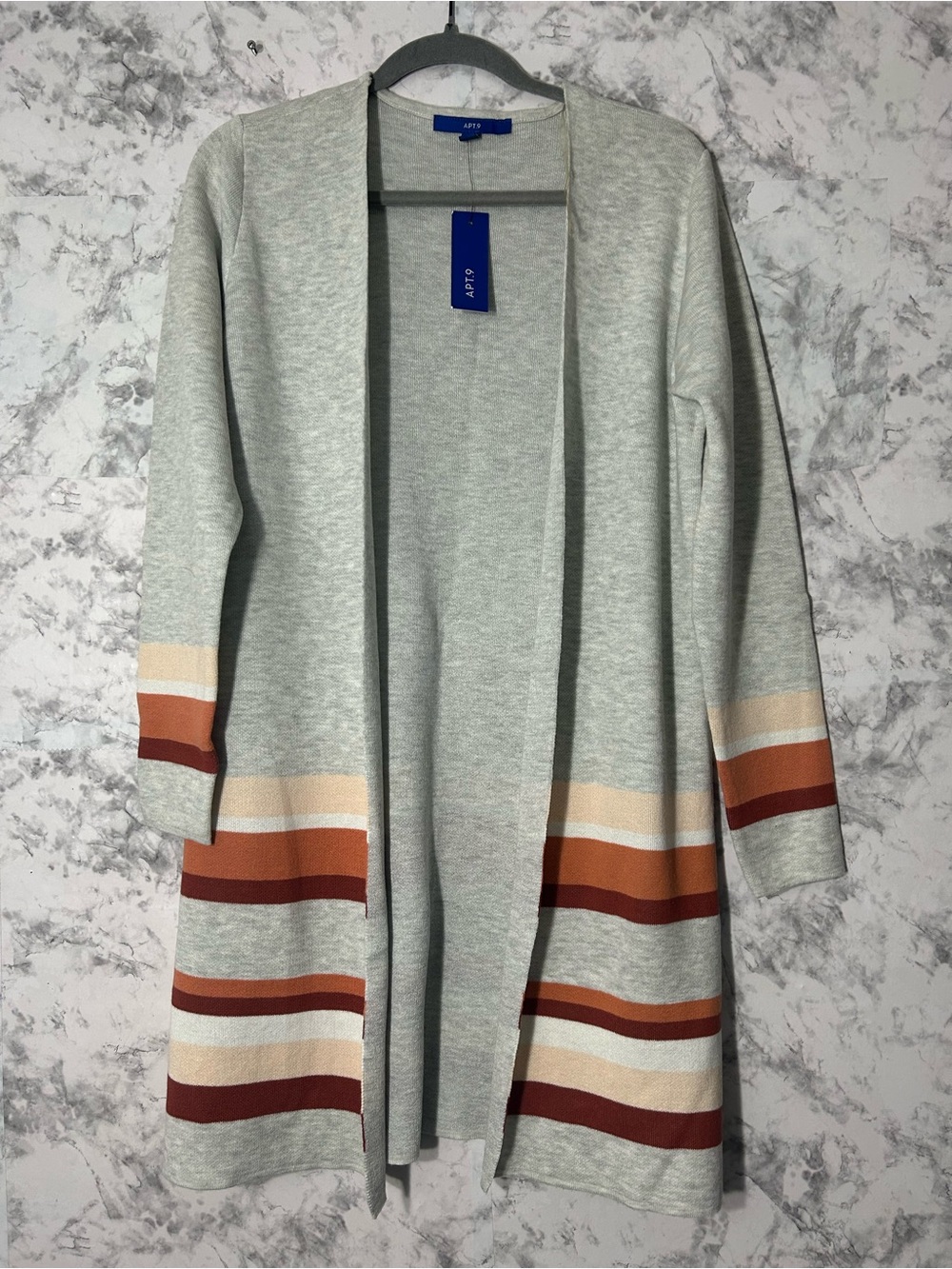 Apt. 9 Light Gray Open Cardigan with Rust, Orange and Cream Stripes.  55